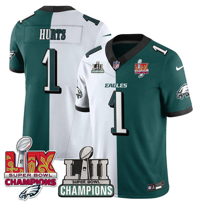 Men's Philadelphia Eagles #1 Jalen Hurts White/Green Split 2025 LII-LIX Super Bowl Champions Patch F.U.S.E. Vapor Untouchable Limited Stitched Football Jersey Men's Philadelphia Eagles #1 Jalen Hurts White/Green Split 2025 LII-LIX Super Bowl Champions Patch F.U.S.E. Vapor Untouchable Limited Stitched Football Jersey